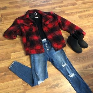 Plaid jacket, vervet jeans, black crop top